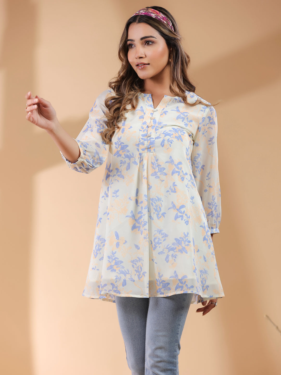 Cream Georgette Floral Printed A-Line Tunic - qivii