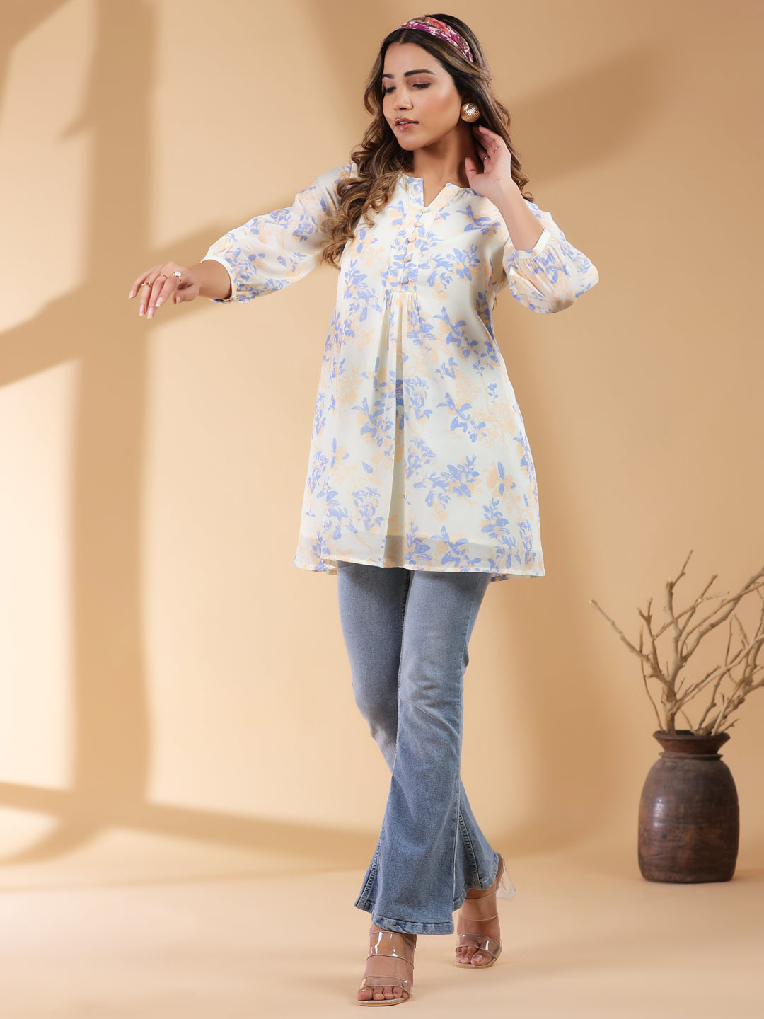 Cream Georgette Floral Printed A-Line Tunic - qivii
