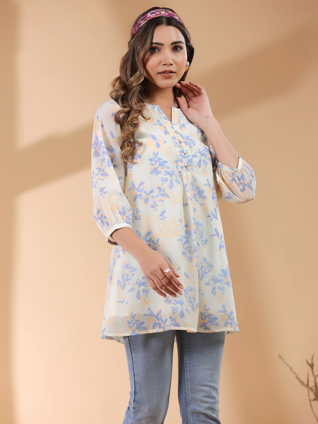 Cream Georgette Floral Printed A-Line Tunic - qivii