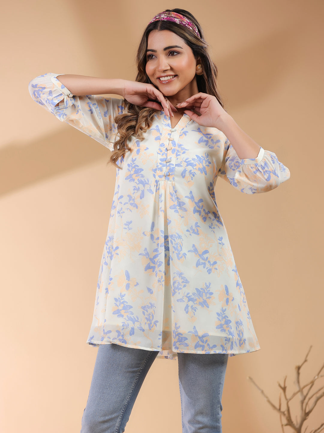 Cream Georgette Floral Printed A-Line Tunic - qivii