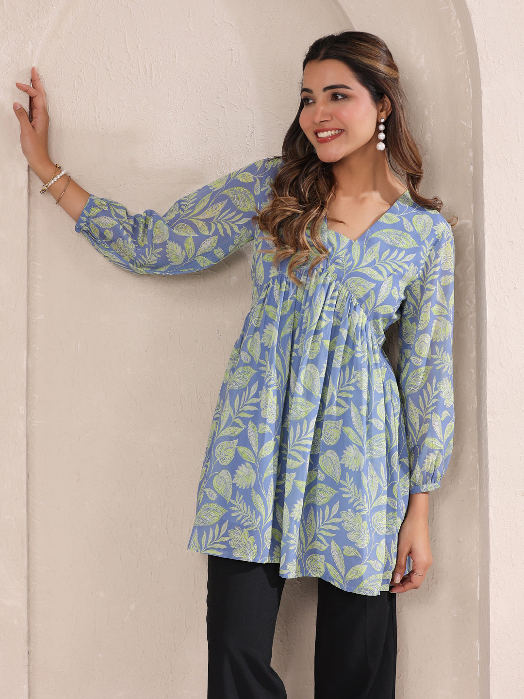 Light Blue Georgette Tropical Printed A-Line Tunic - qivii