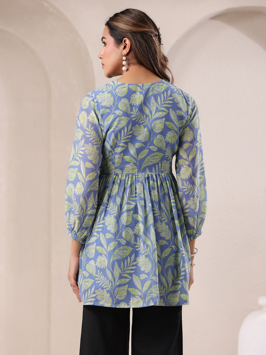 Light Blue Georgette Tropical Printed A-Line Tunic - qivii