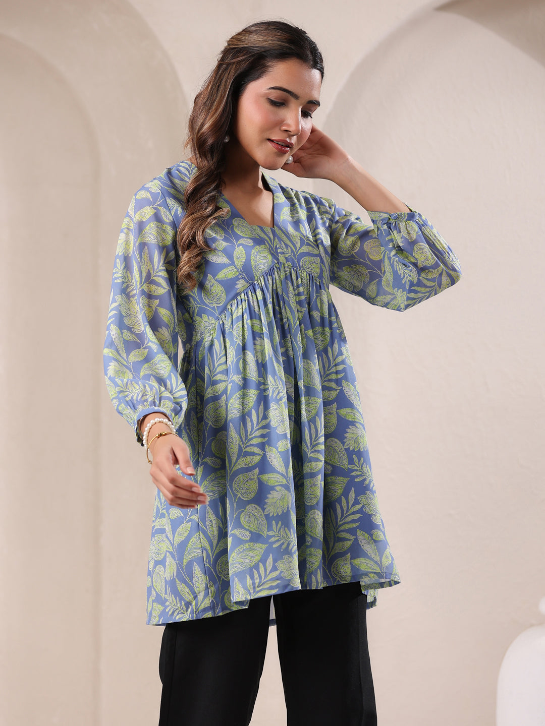 Light Blue Georgette Tropical Printed A-Line Tunic - qivii