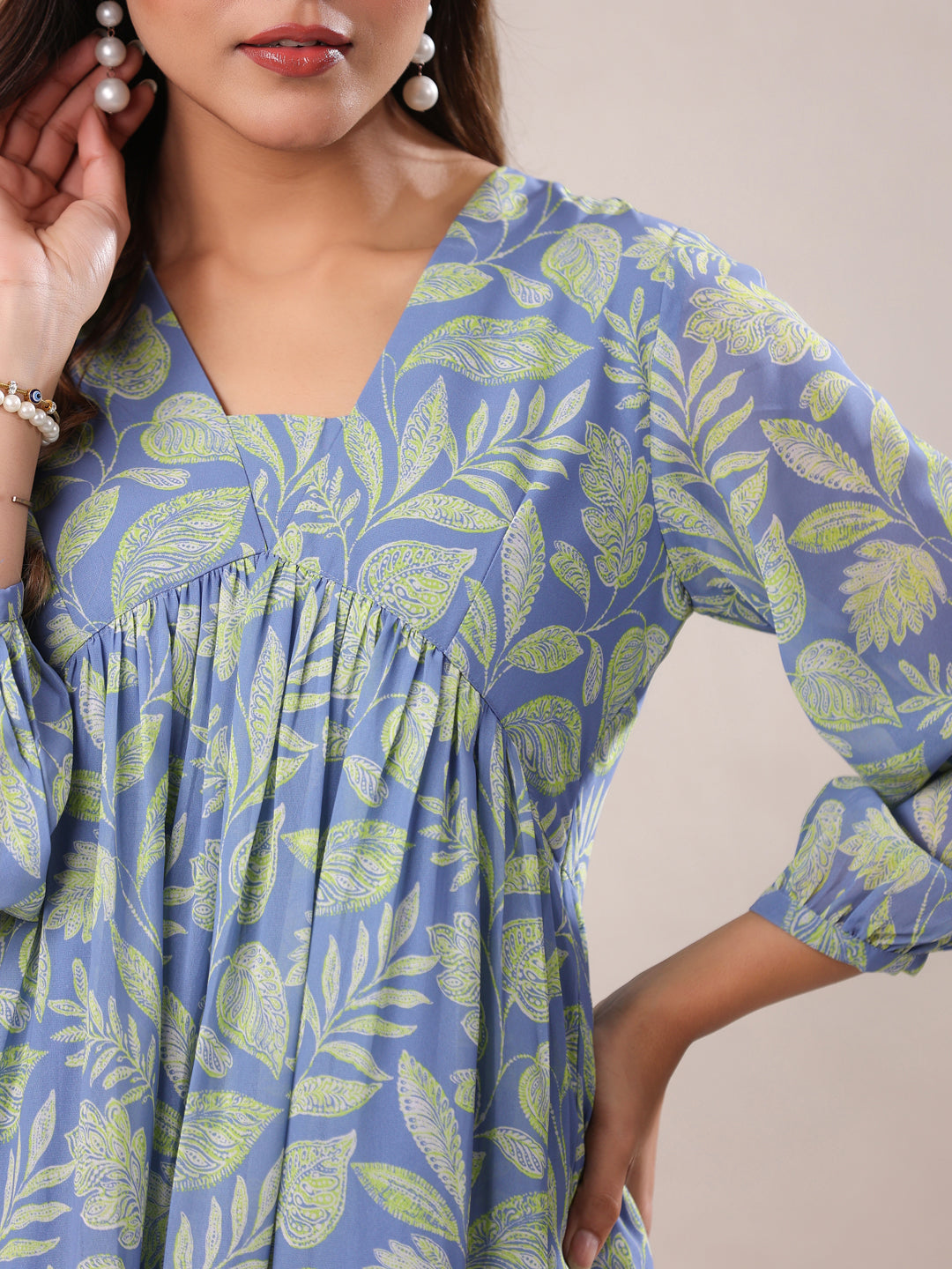 Light Blue Georgette Tropical Printed A-Line Tunic - qivii