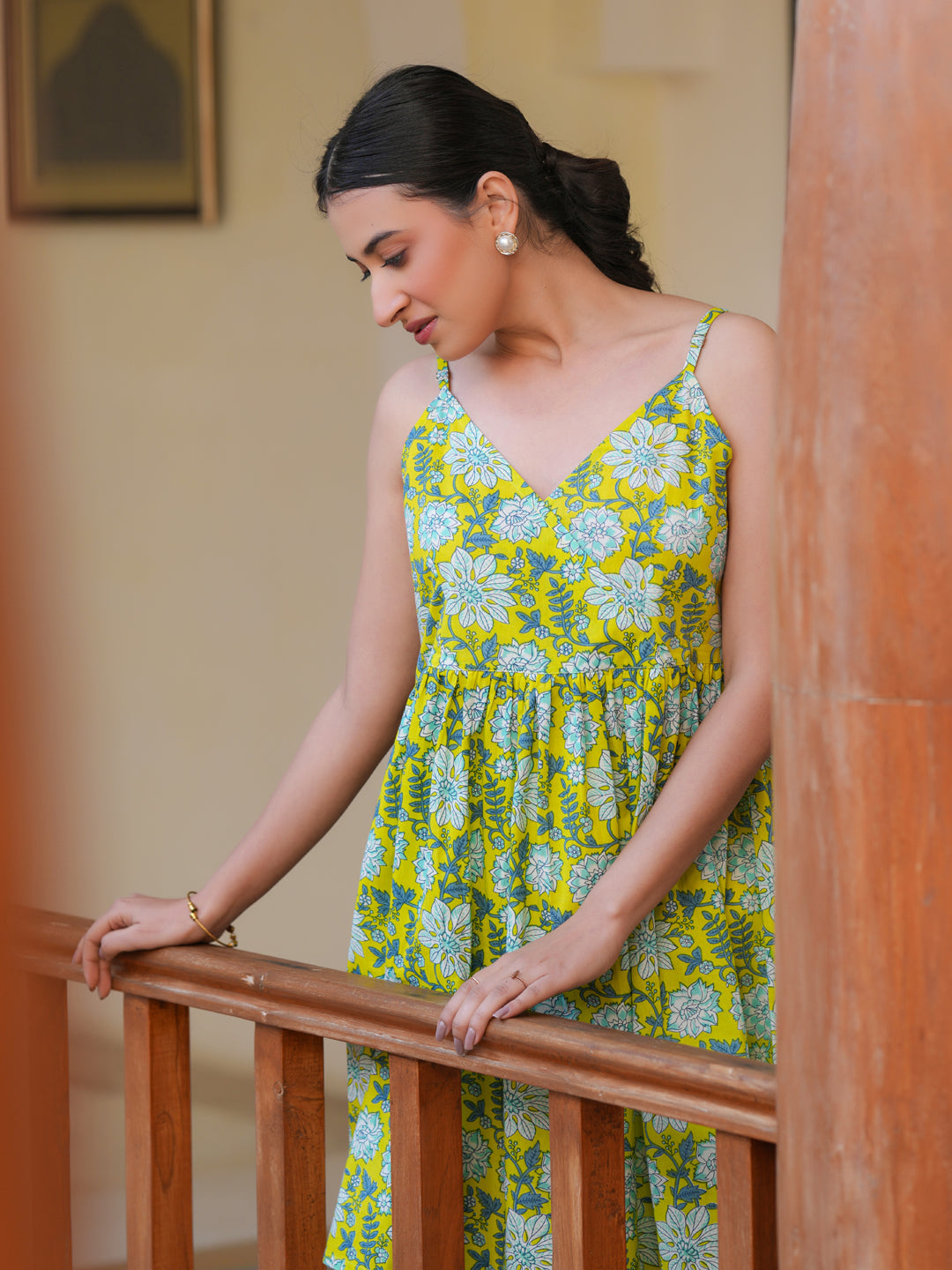 Lime Pure Cotton Floral Printed A-Line Tunic - qivii