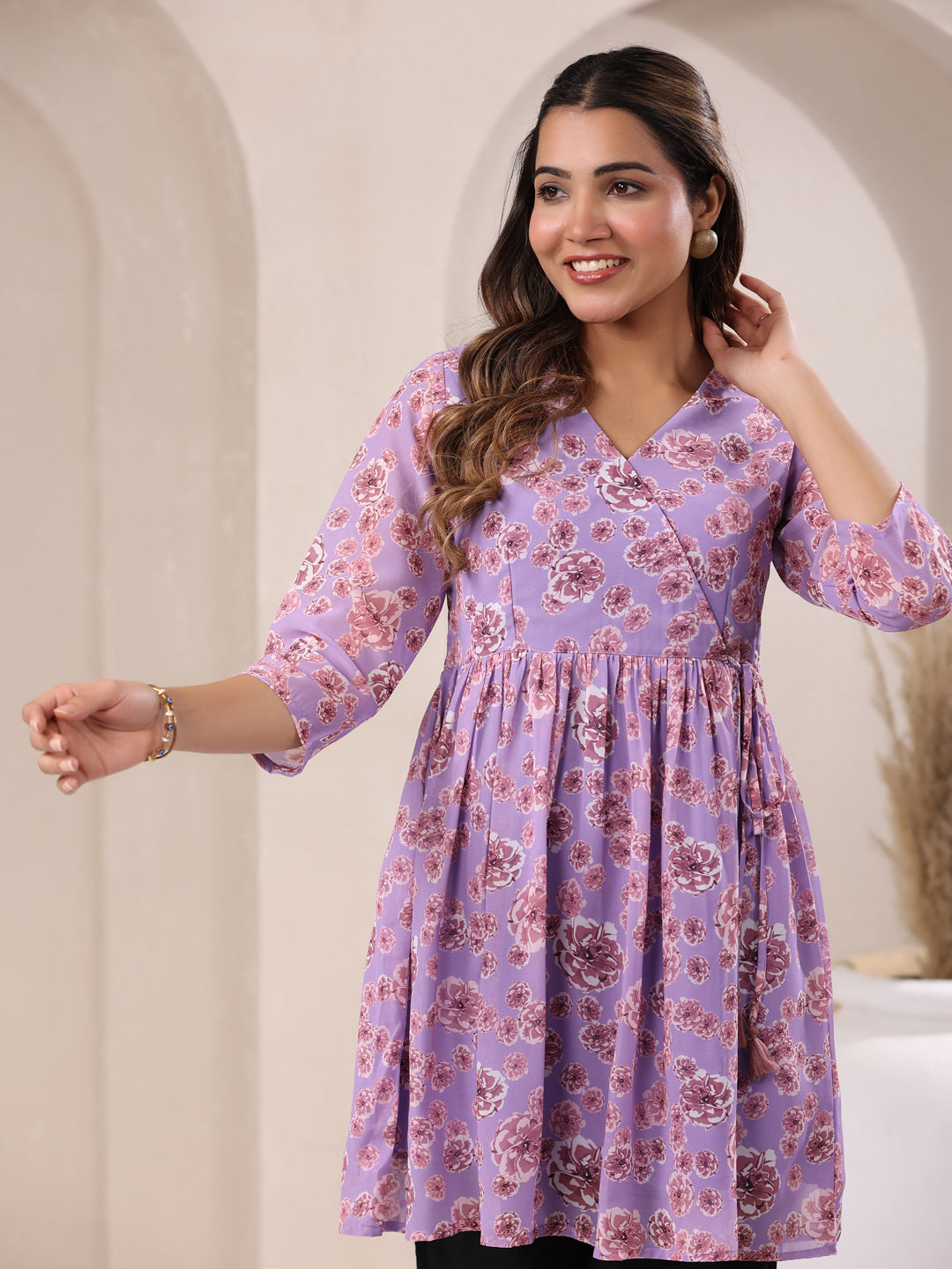 Lavender Georgette Floral Printed A-Line Tunic - qivii