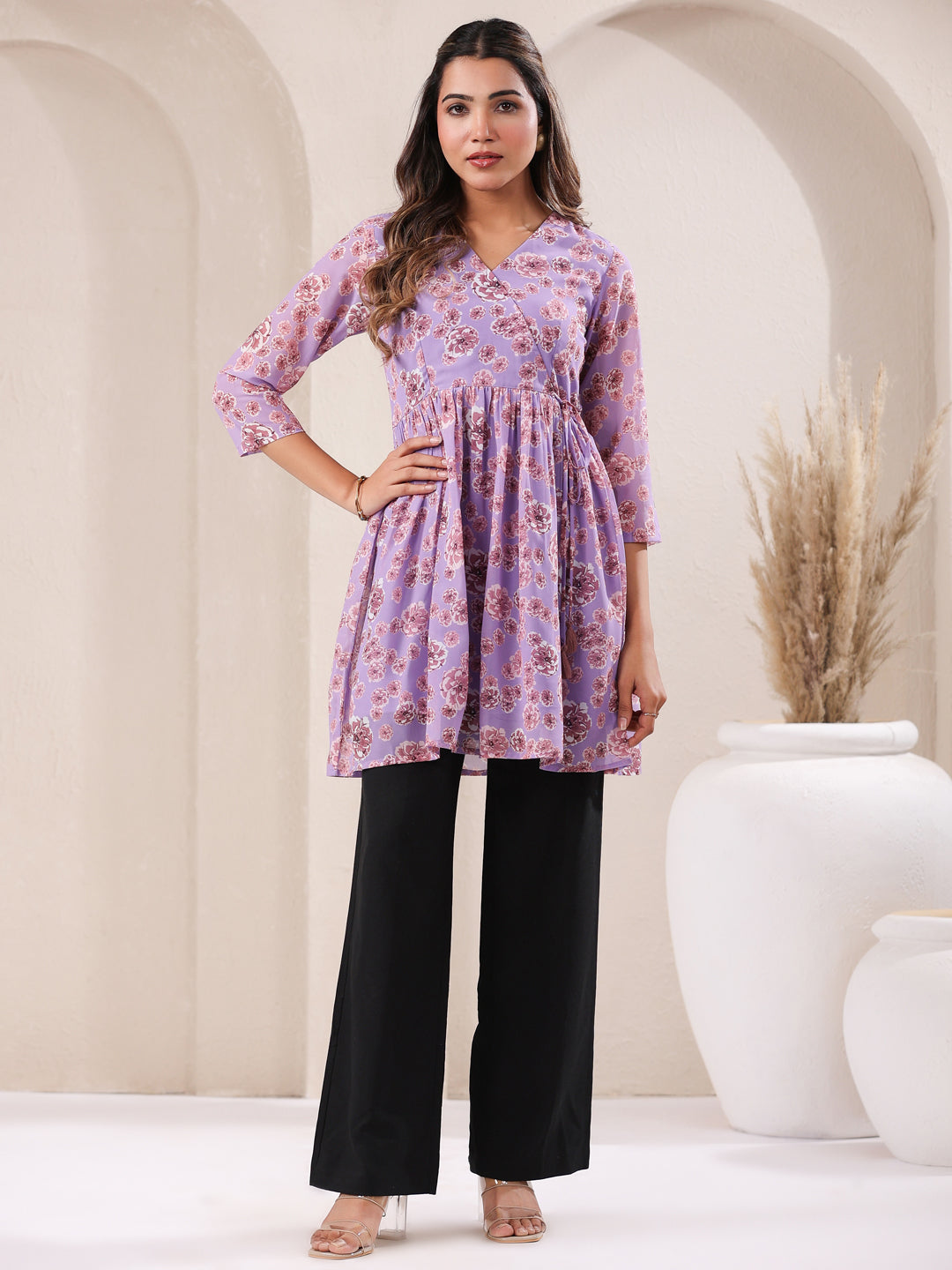 Lavender Georgette Floral Printed A-Line Tunic - qivii