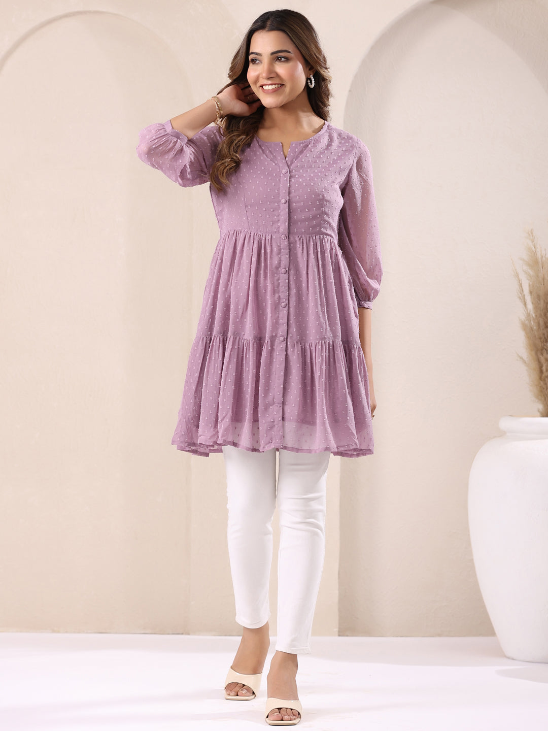 Lavender Dobby Chiffon Self Design Tiered Tunic - qivii