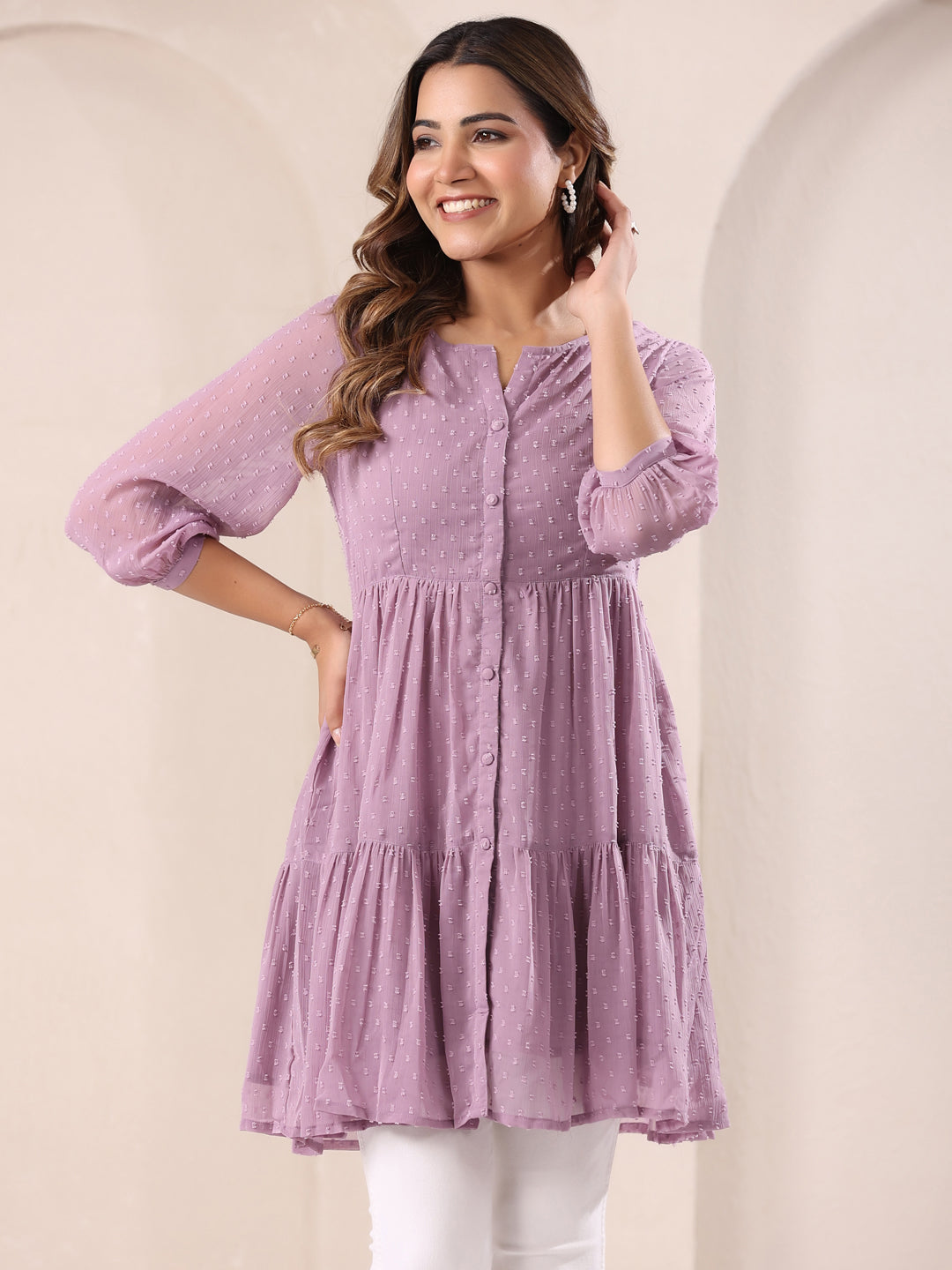 Lavender Dobby Chiffon Self Design Tiered Tunic - qivii