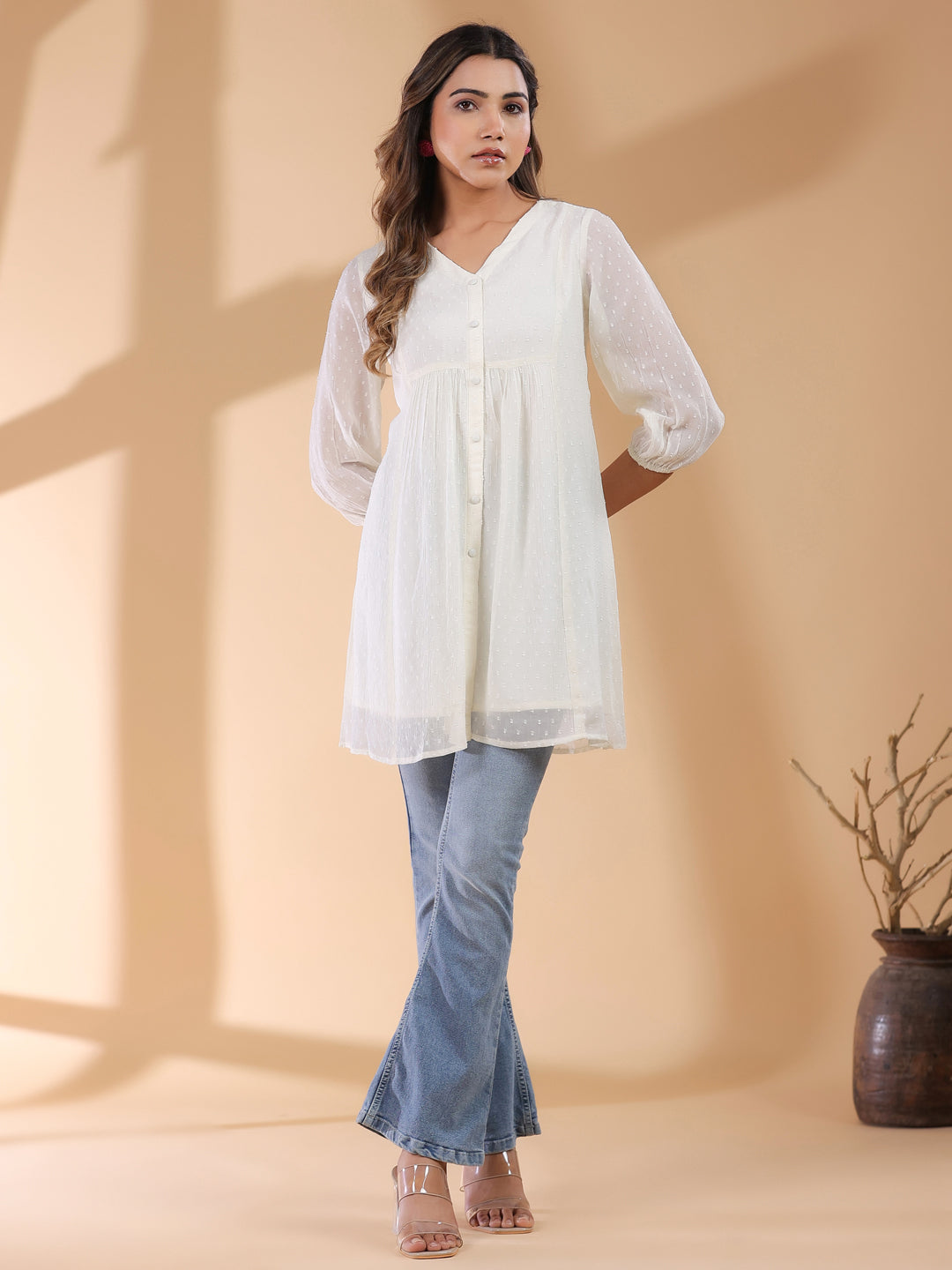 Off White Chiffon Self Design A-Line Tunic - qivii