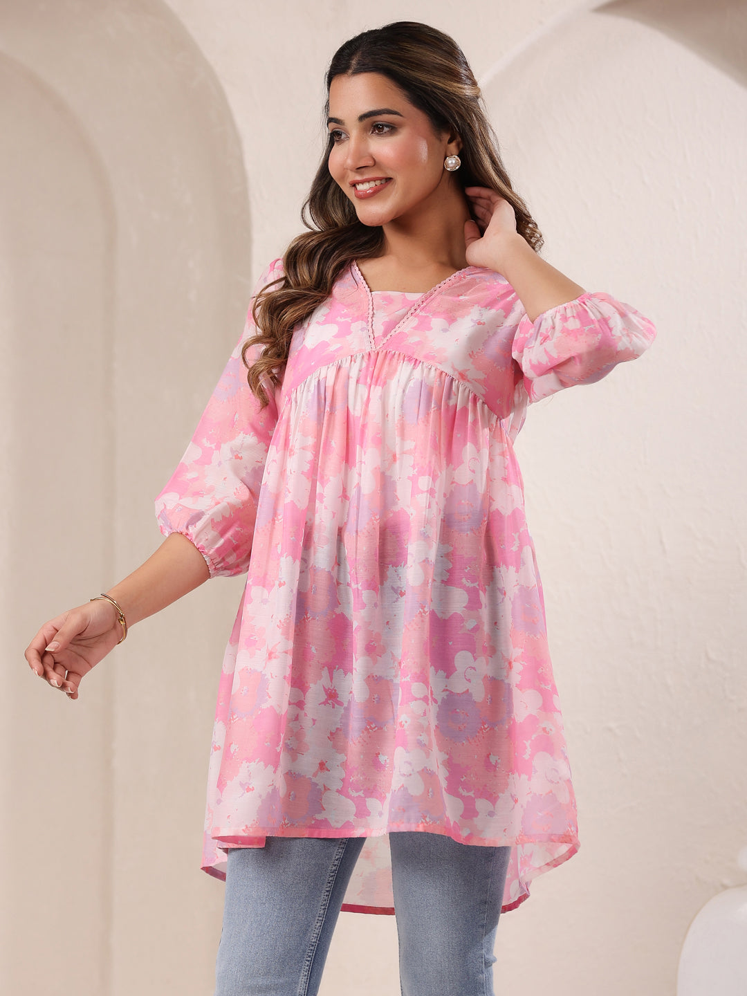 Pink Cotton Blend Floral Printed A-line Tunic - qivii