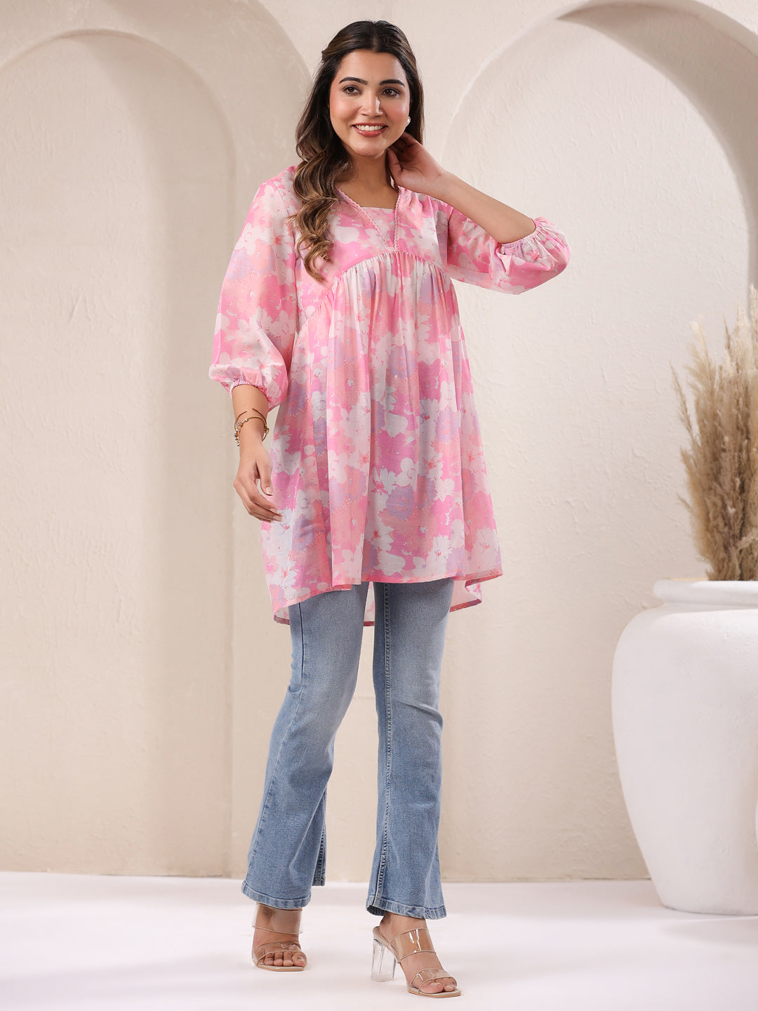 Pink Cotton Blend Floral Printed A-line Tunic - qivii