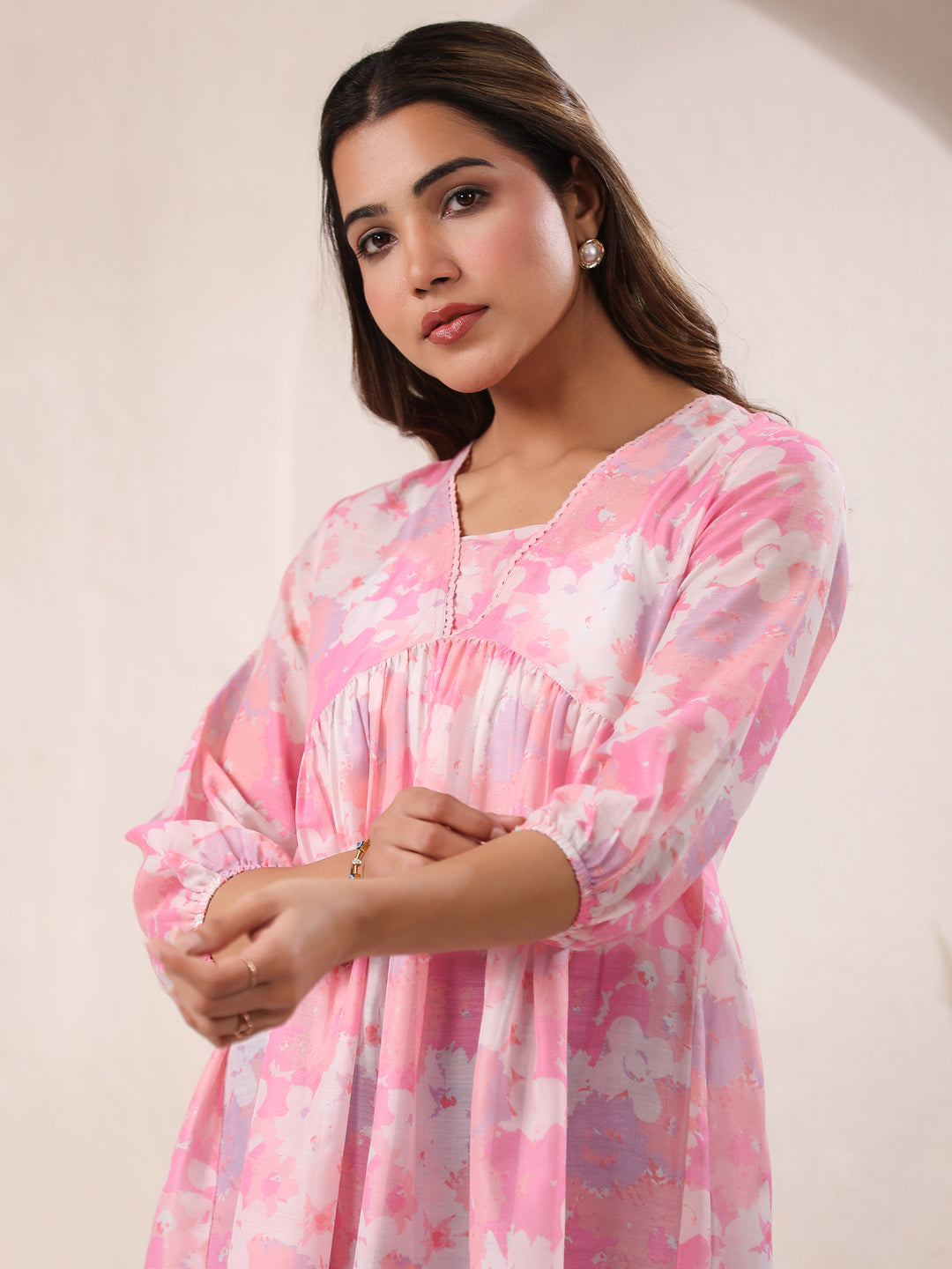 Pink Cotton Blend Floral Printed A-line Tunic - qivii