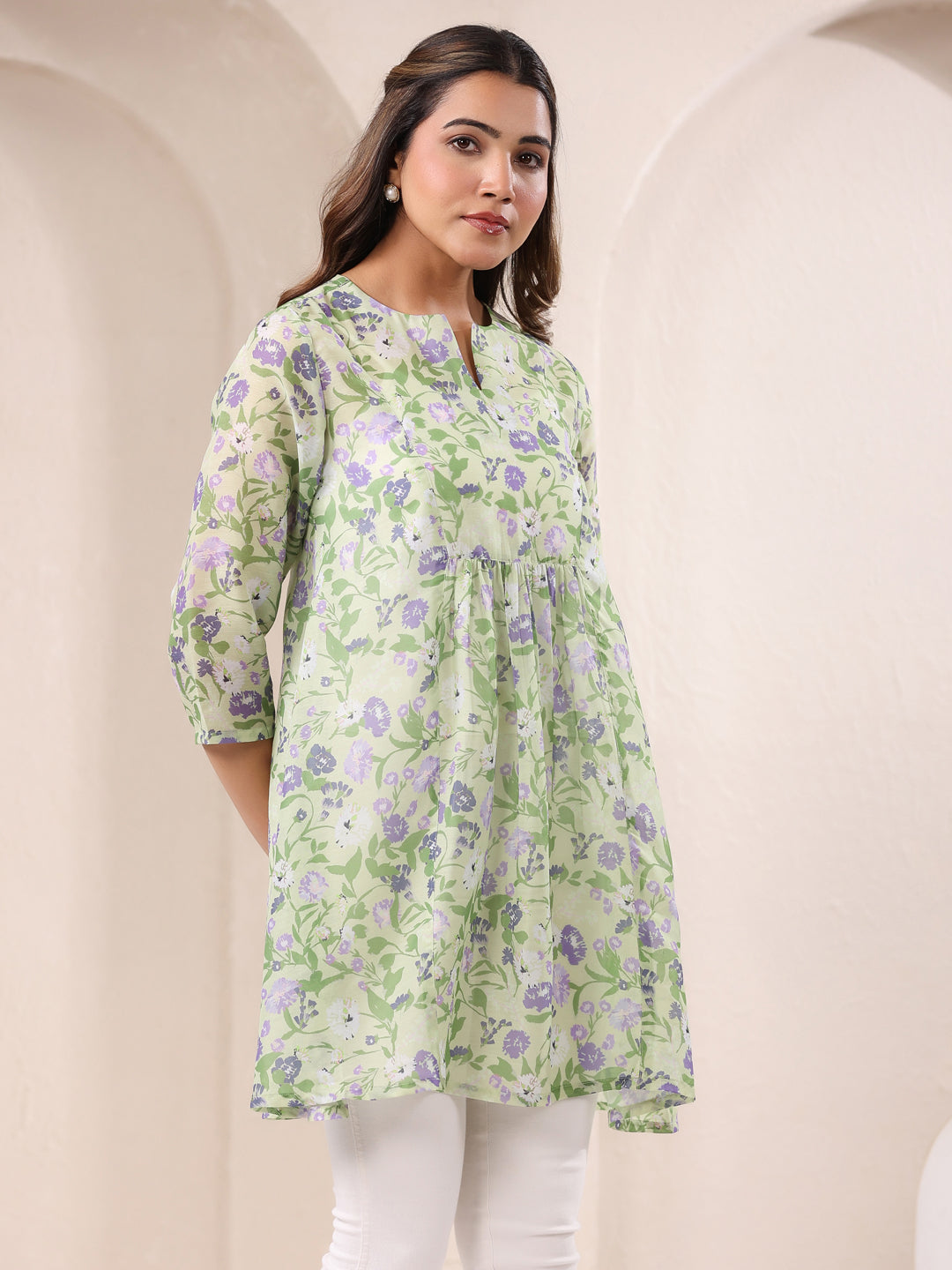 Green Pure Cotton Floral Printed A-Line Tunic - qivii
