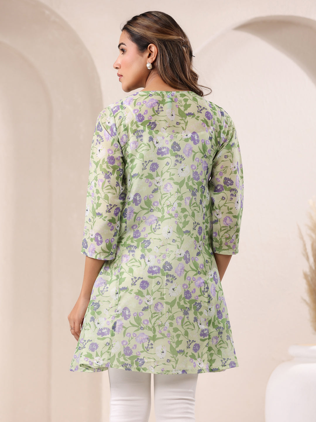 Green Pure Cotton Floral Printed A-Line Tunic - qivii