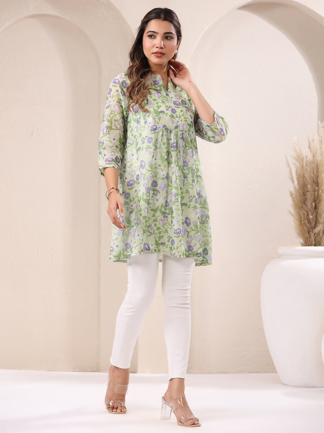 Green Pure Cotton Floral Printed A-Line Tunic - qivii