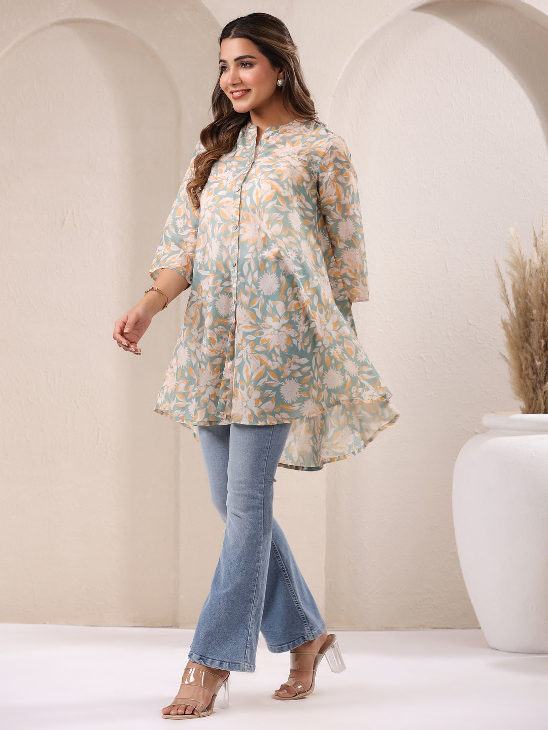 Sage Green Silk Blend Floral Printed A-line Tunic - qivii
