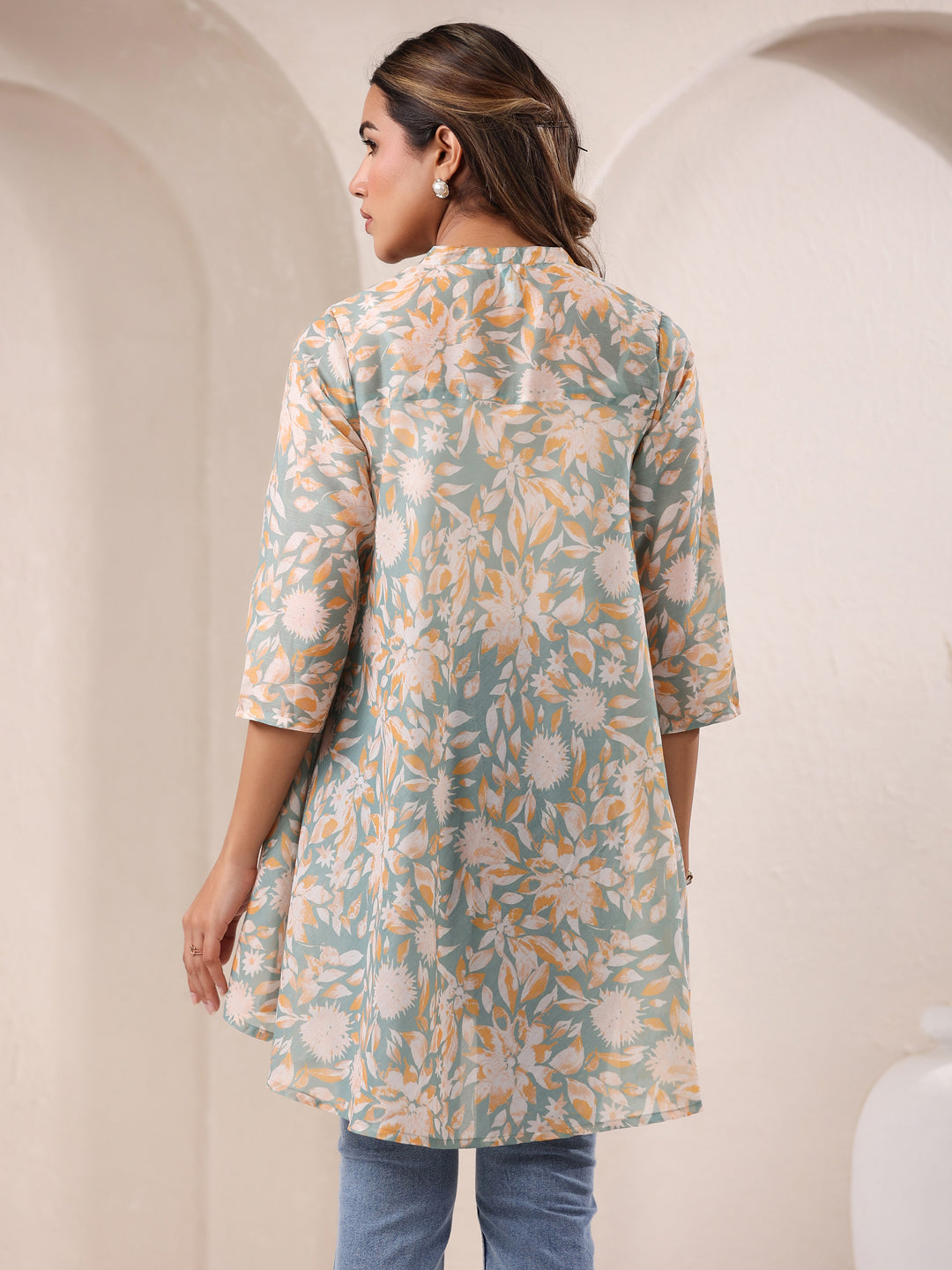 Sage Green Silk Blend Floral Printed A-line Tunic - qivii