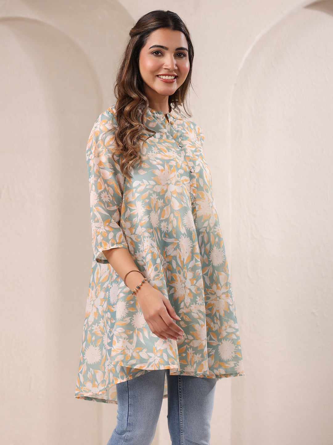 Sage Green Silk Blend Floral Printed A-line Tunic - qivii