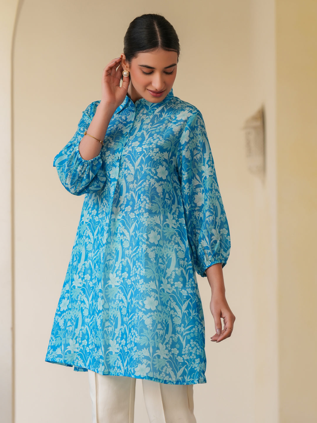 Blue Cotton Blend Floral Printed A-line Tunic - qivii