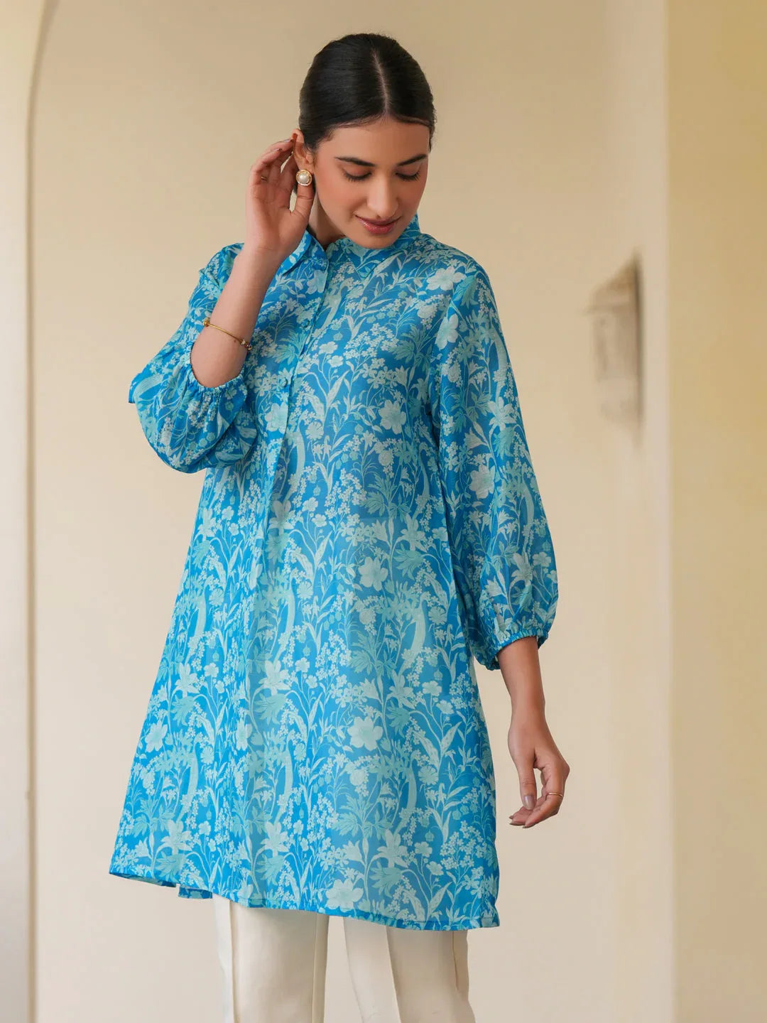 Blue Silk Blend Floral Printed A-line Tunic