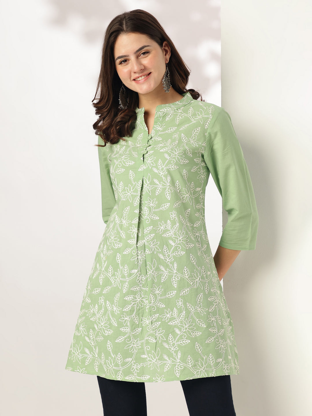Light Green Pure Cotton Embroidered A-line Tunic - qivii