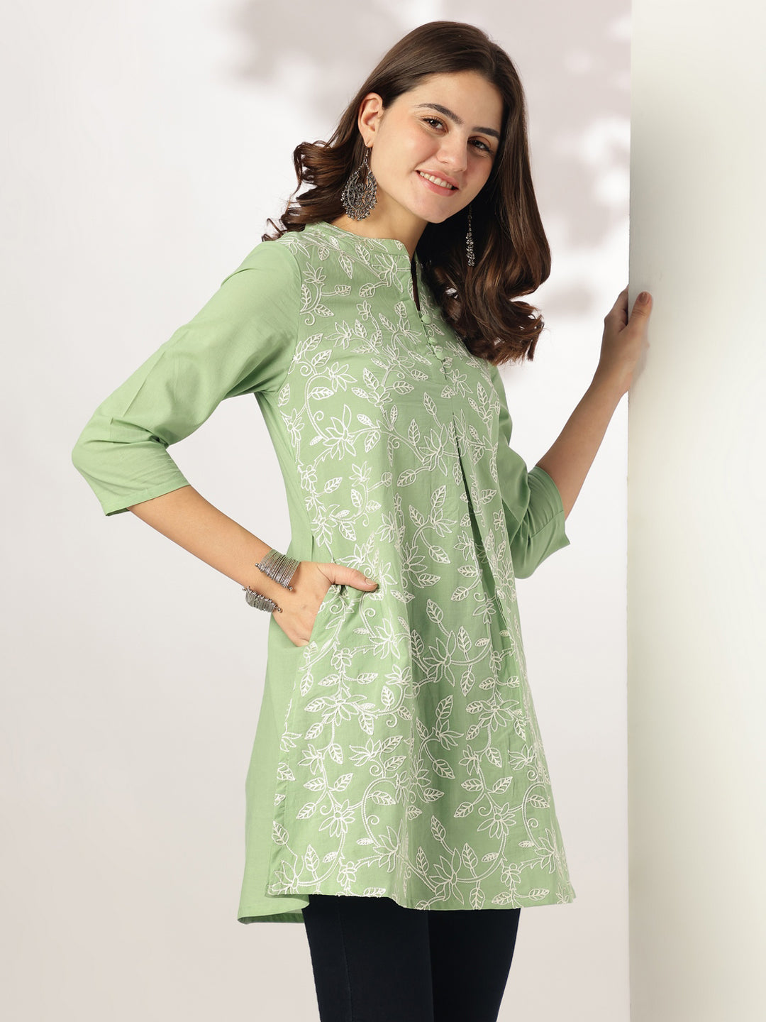 Light Green Pure Cotton Embroidered A-line Tunic - qivii
