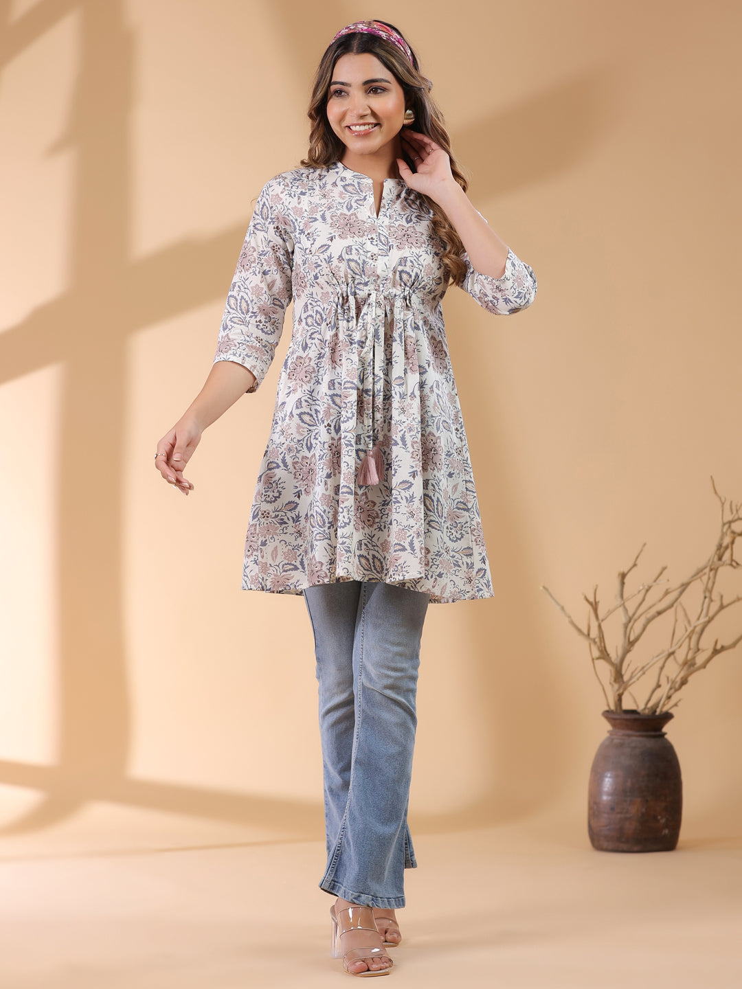 Off White Pure Cotton Floral Printed A-line Tunic - qivii