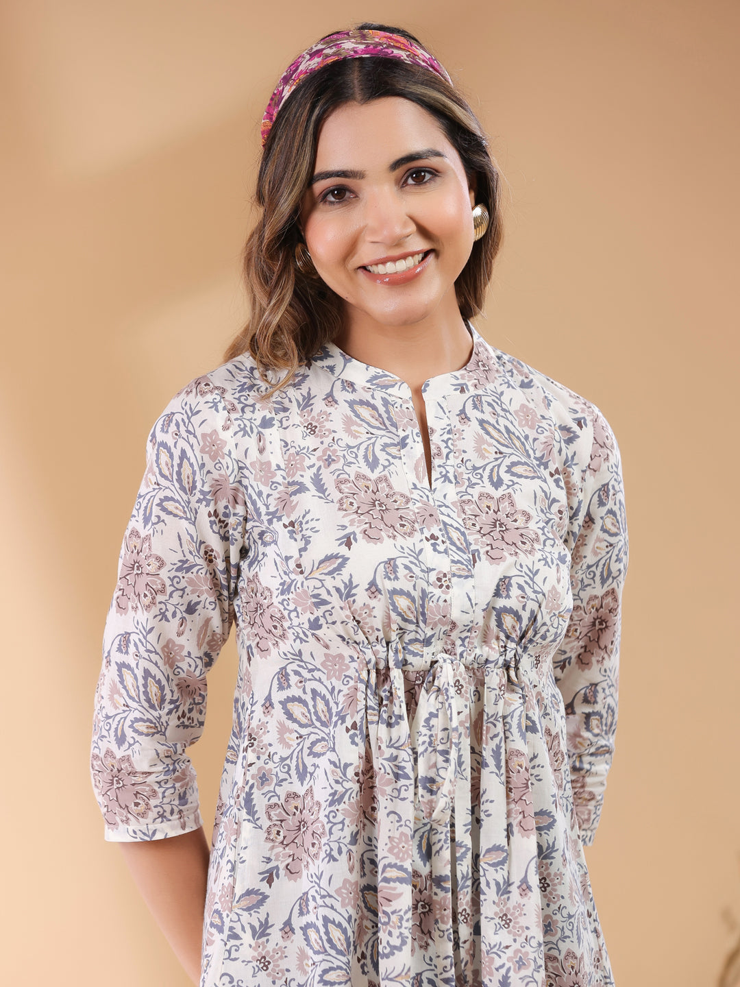 Off White Pure Cotton Floral Printed A-line Tunic - qivii