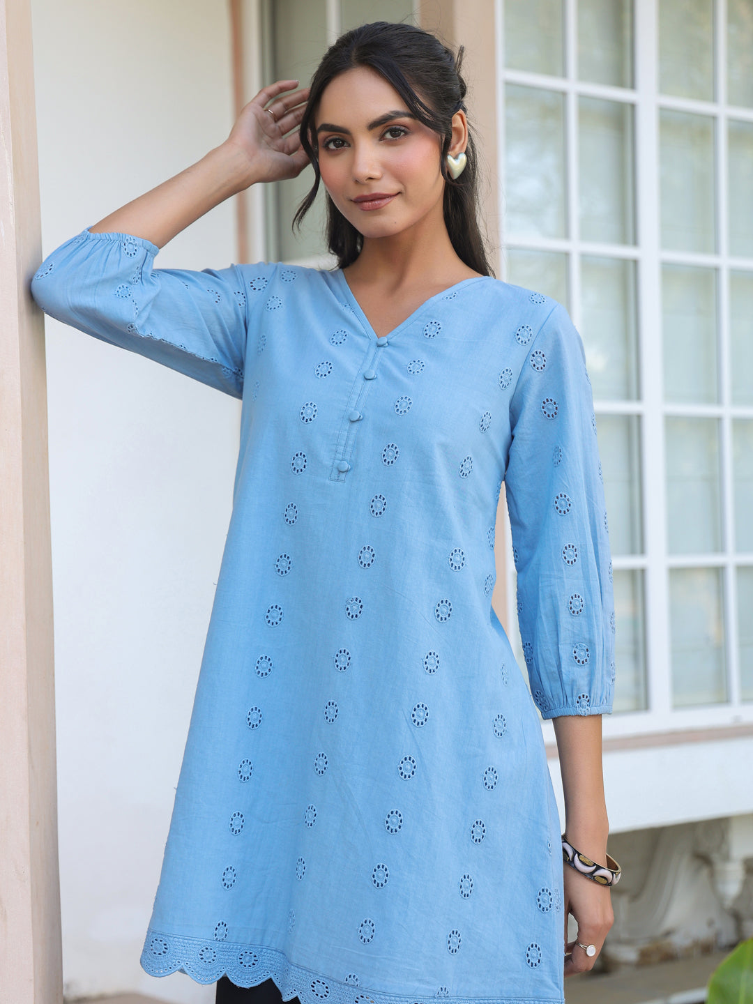 Janasya Women's Light Blue Pure Cotton Schiffli Embroidered A-line Tunic - qivii