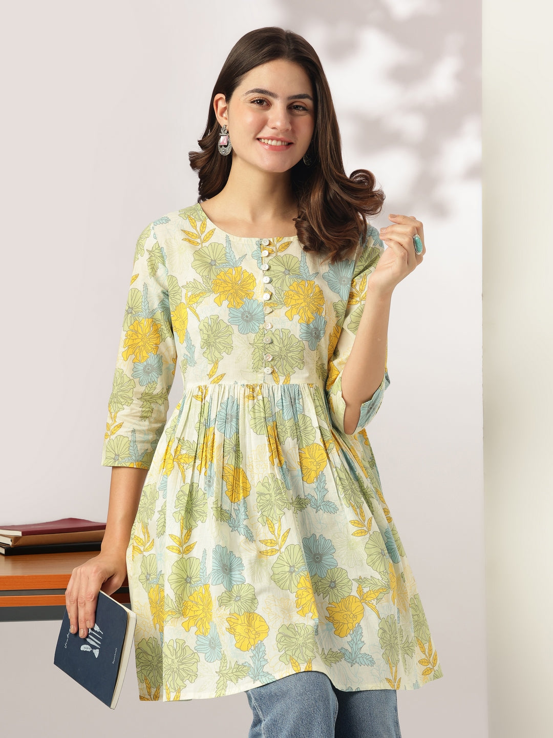 Off White Pure Cotton Floral Printed A-line Tunic For Women