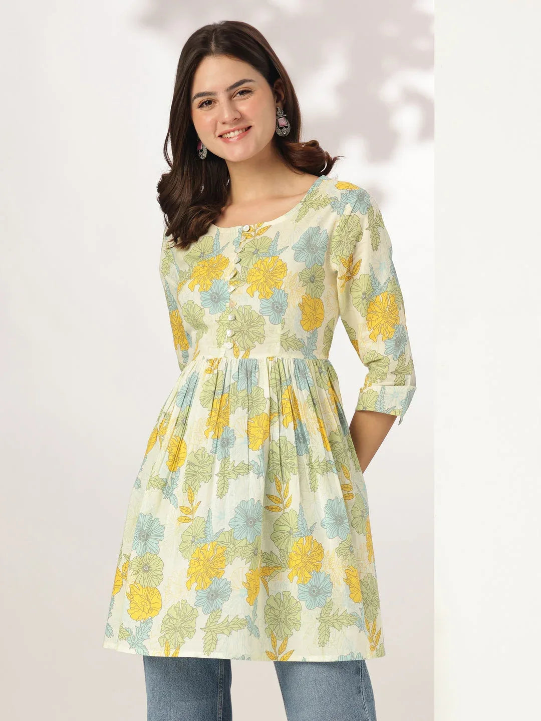 Off White Pure Cotton Floral Printed A-line Tunic For Women