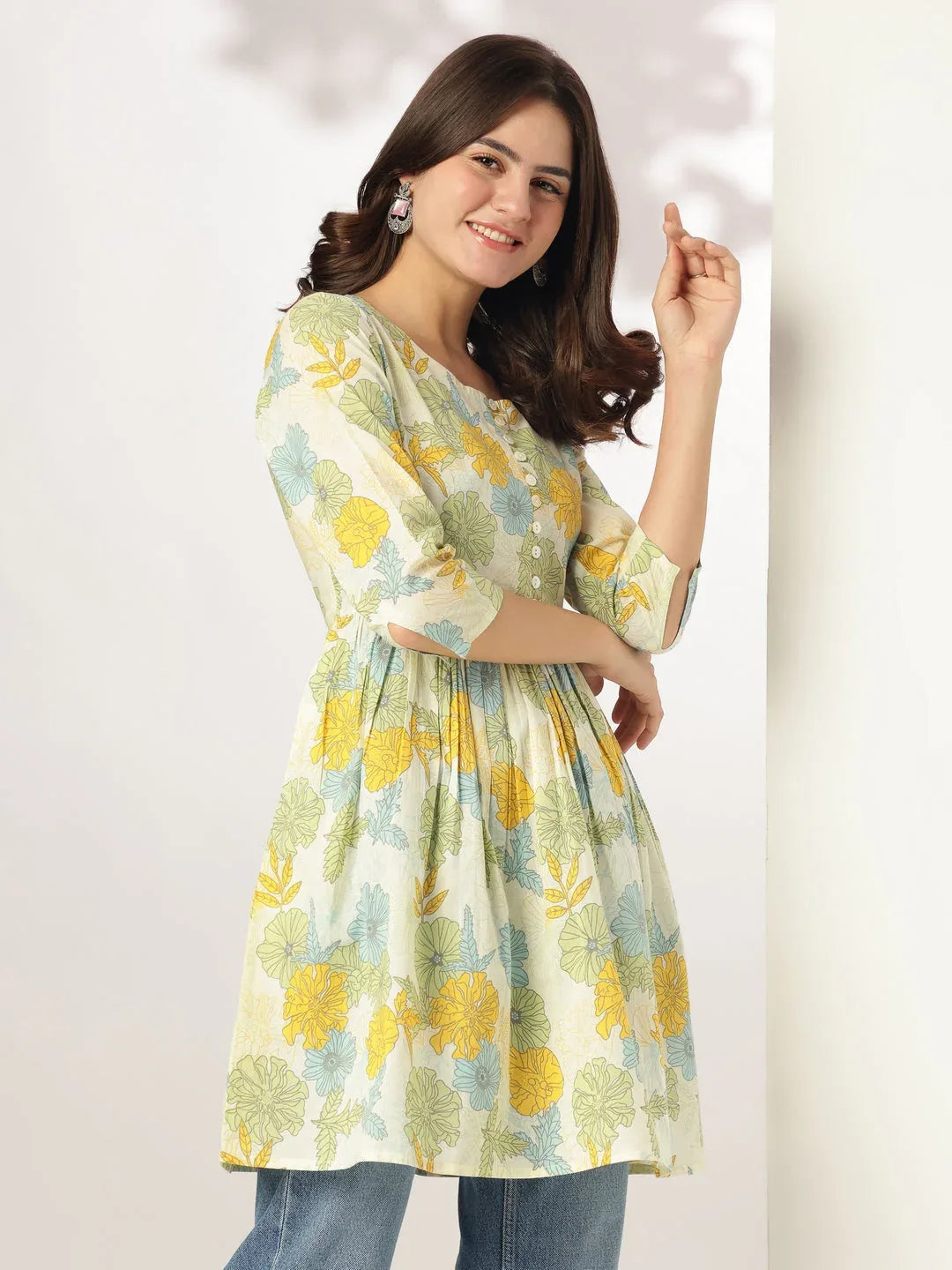 Off White Pure Cotton Floral Printed A-line Tunic For Women