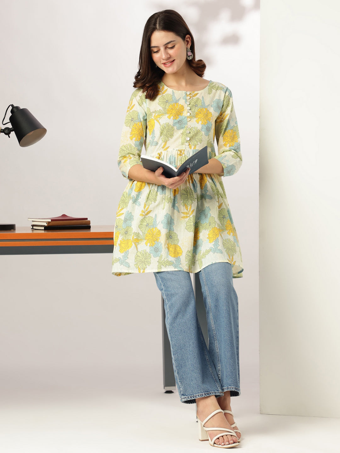 Off White Pure Cotton Floral Printed A-line Tunic For Women - qivii