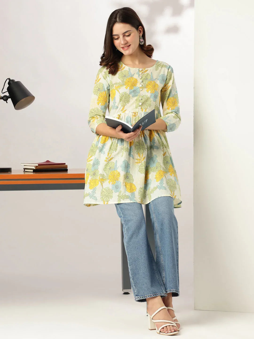 Off White Pure Cotton Floral Printed A-line Tunic For Women