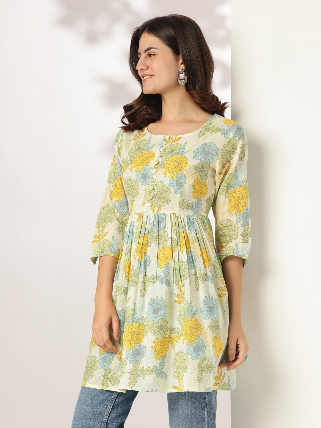 Off White Pure Cotton Floral Printed A-line Tunic For Women - qivii