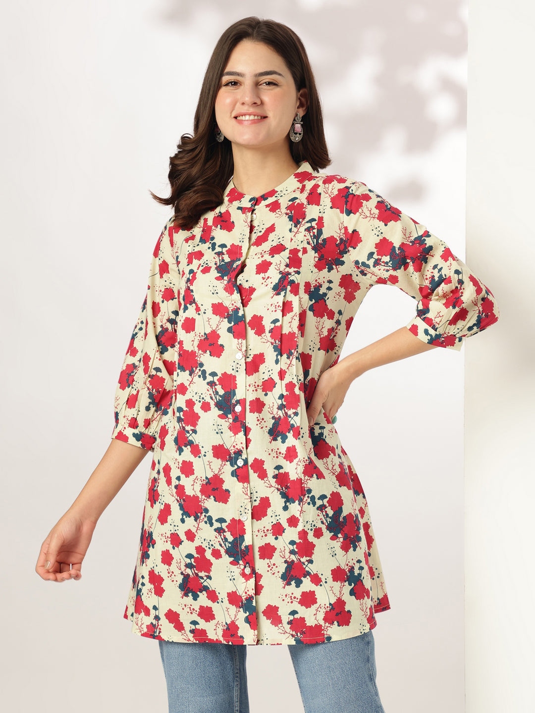 Cream Pure Cotton Floral Printed A-line Tunic - qivii