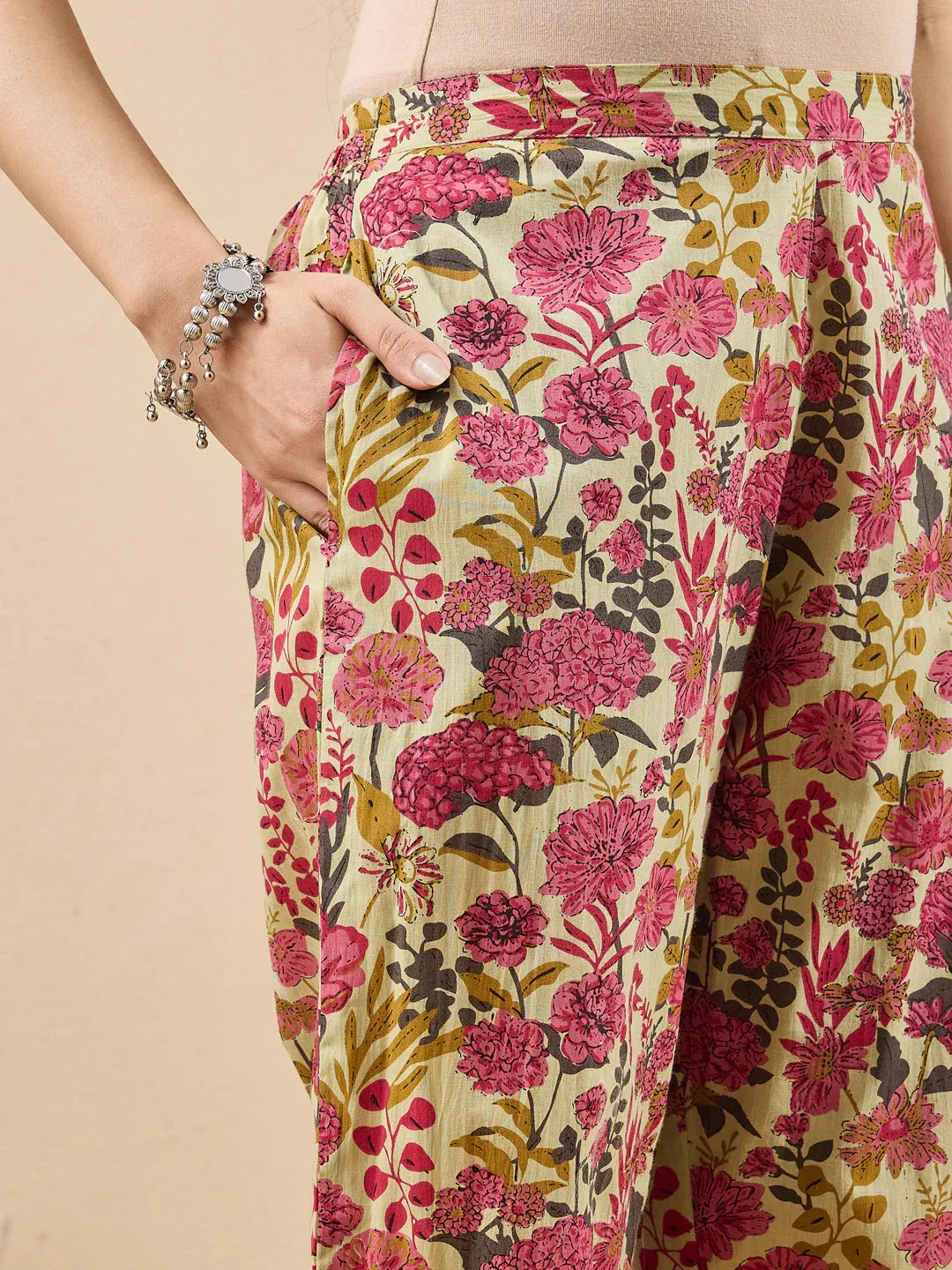 Janasya Women's Mint Color Cotton Floral Printed A-line Co-ord Set