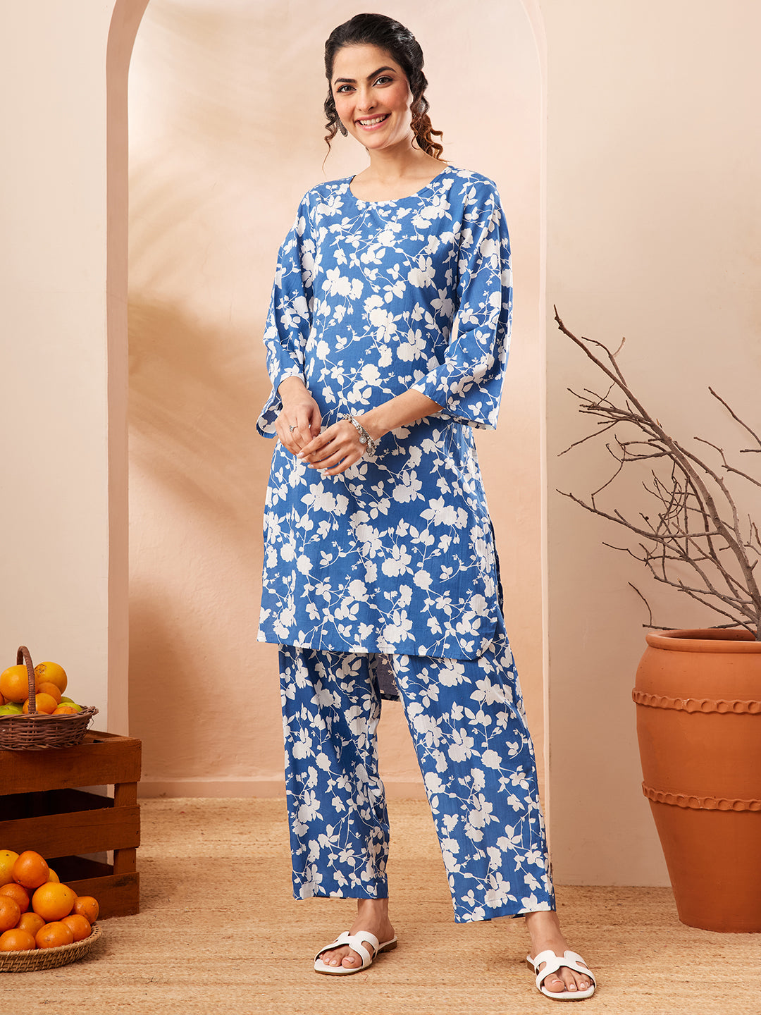 Janasya Women's Blue Pure Cotton Floral Printed Straight Co-ord Set