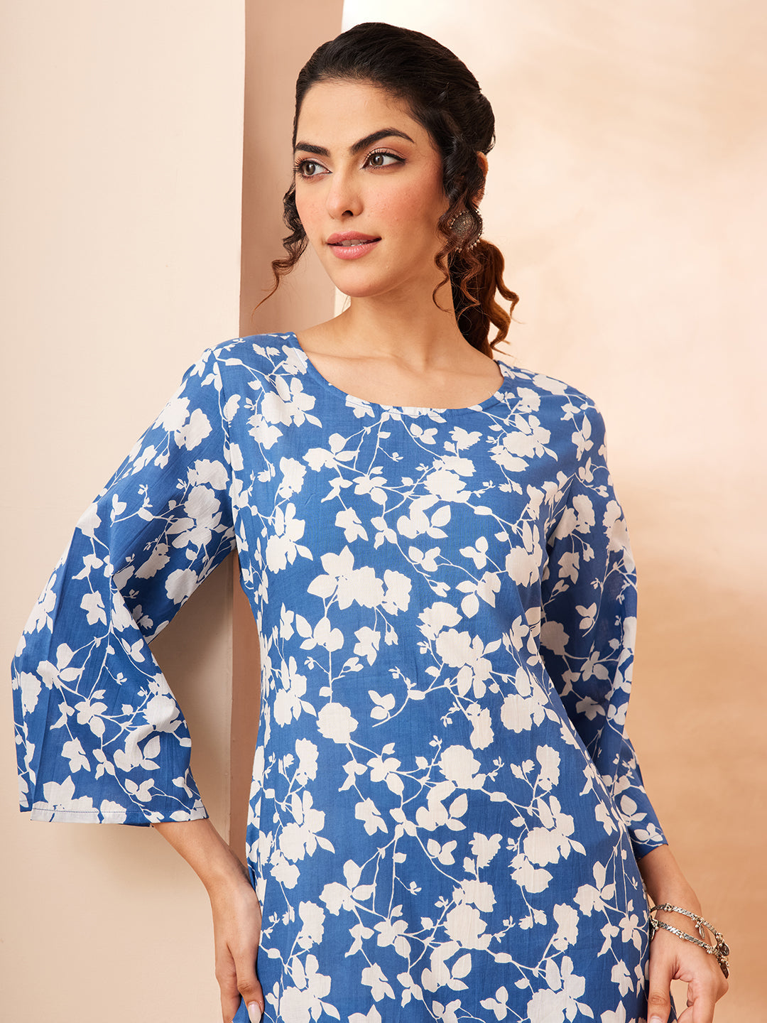 Janasya Women's Blue Pure Cotton Floral Printed Straight Co-ord Set