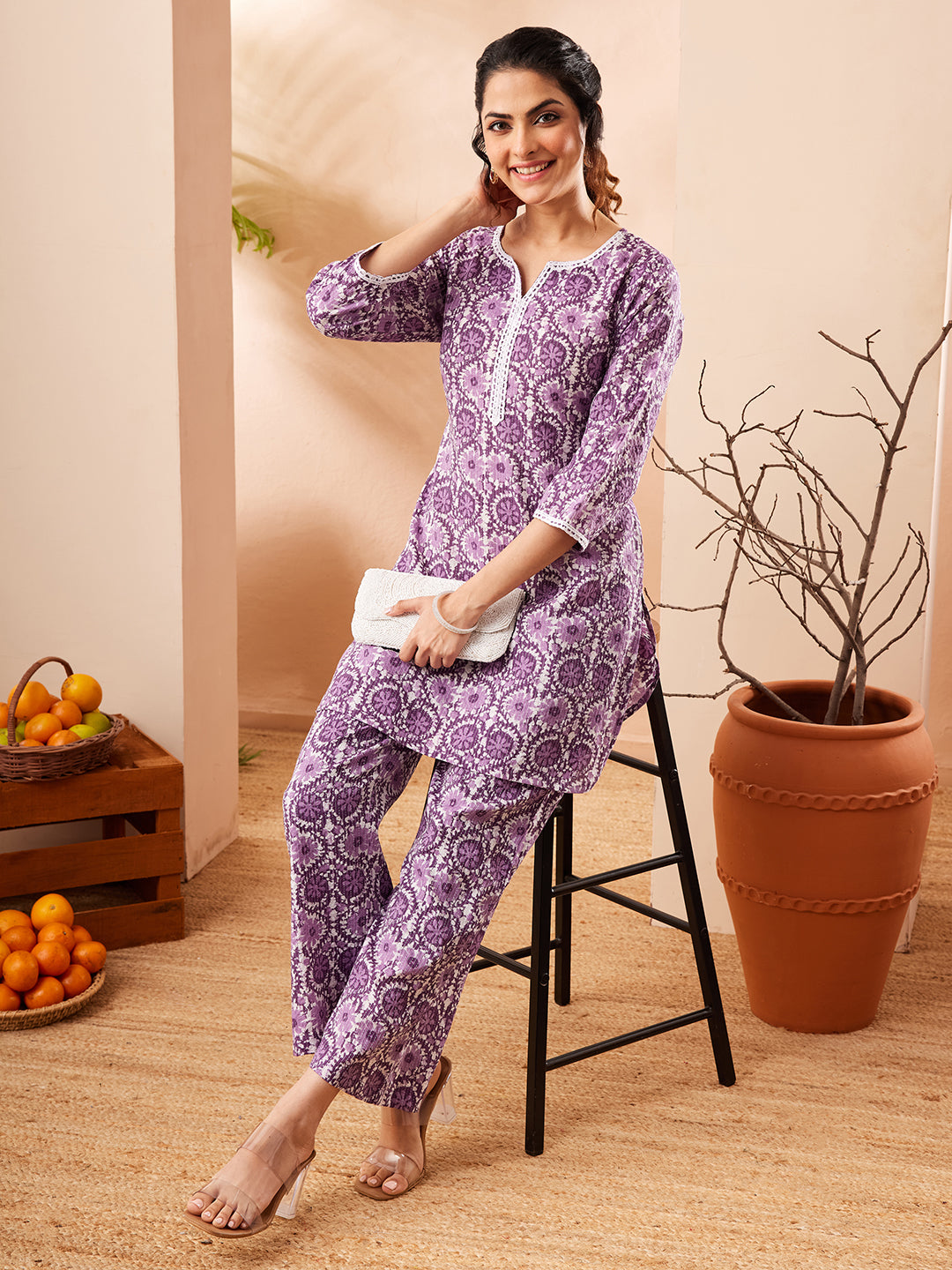 Janasya Women's Purple Pure Cotton Floral Printed Straight Co-ord Set