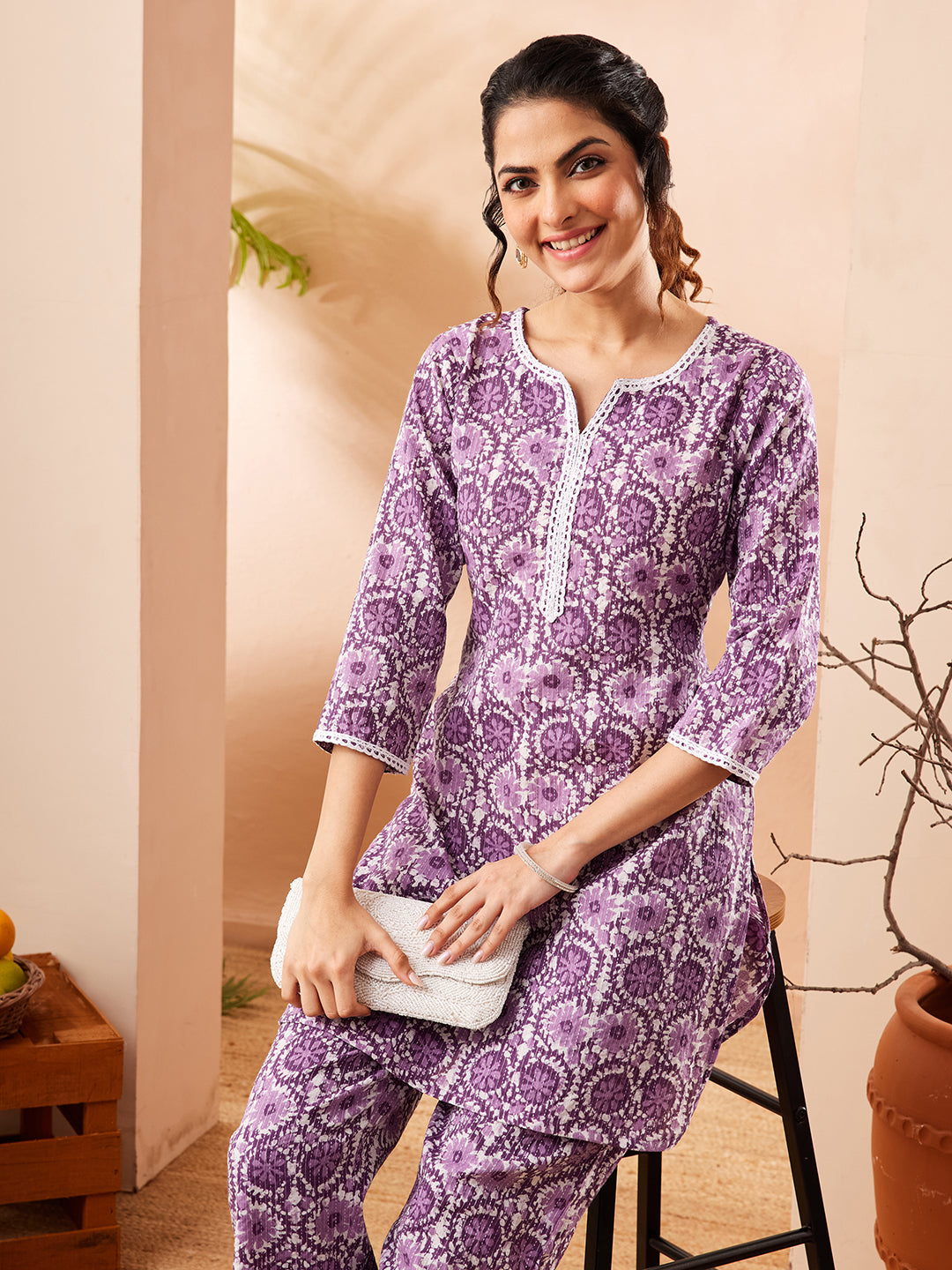 Janasya Women's Purple Pure Cotton Floral Printed Straight Co-ord Set