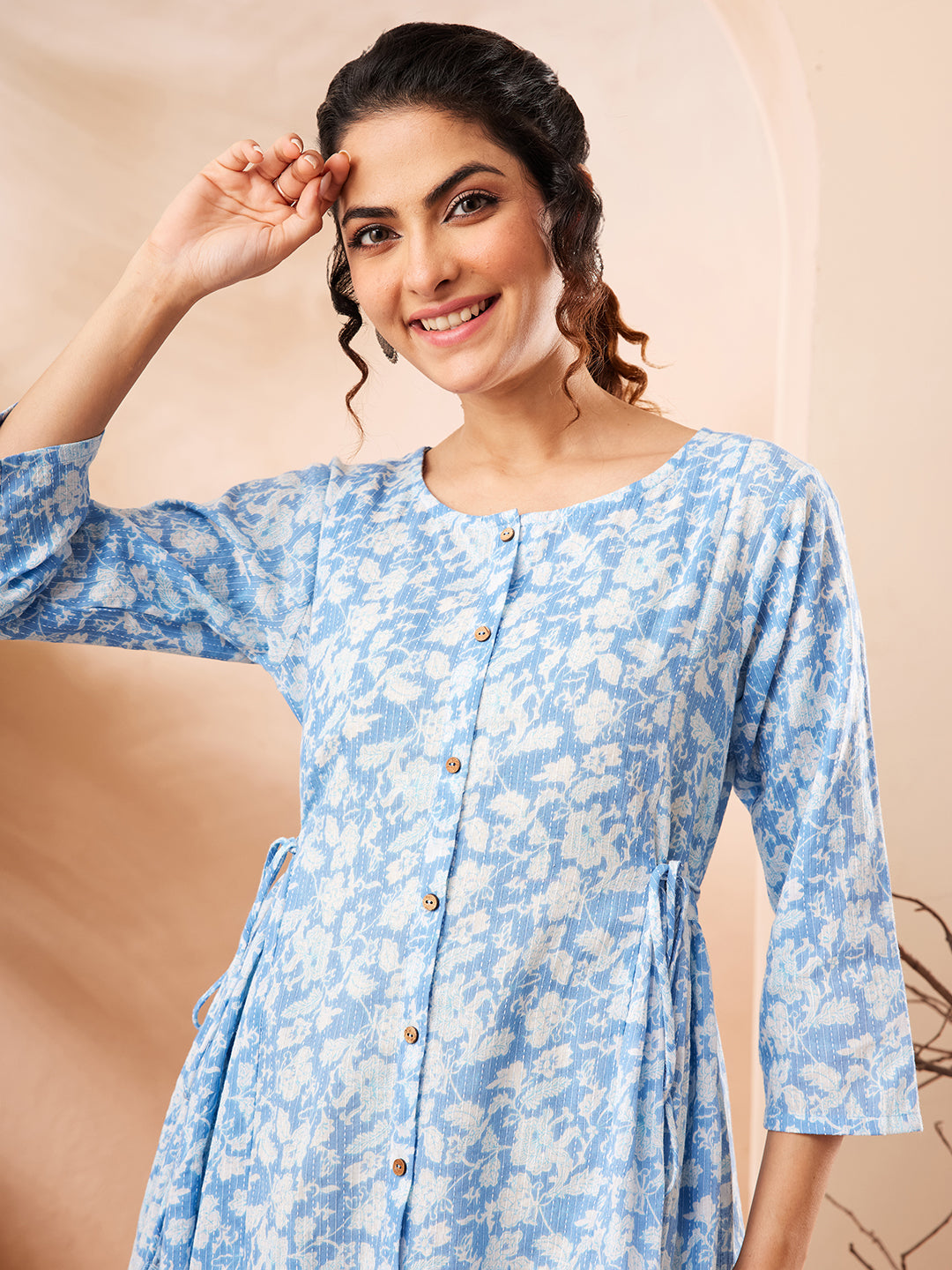 Janasya Women's Light Blue Pure Cotton Floral Printed A-line Co-ord Set