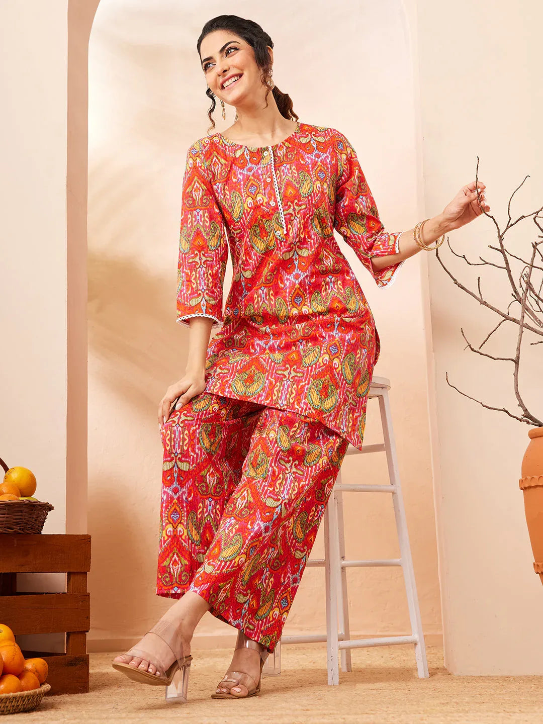 Janasya Women's Multi Pure Cotton Ikkat Printed Straight Co-ord Set