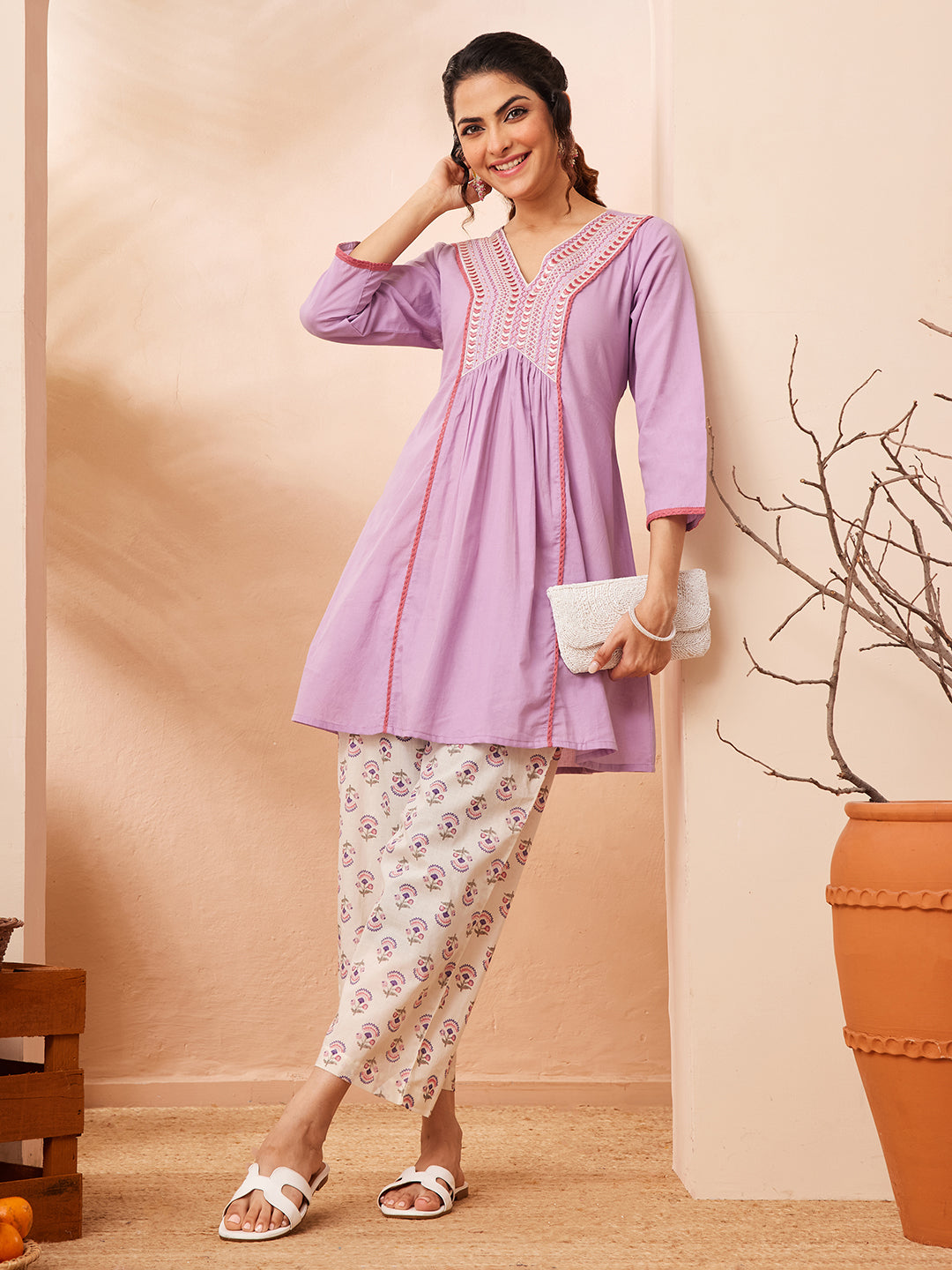 Janasya Women's Lavender Pure Cotton Yoke Embroidered A-line Co-ord Set