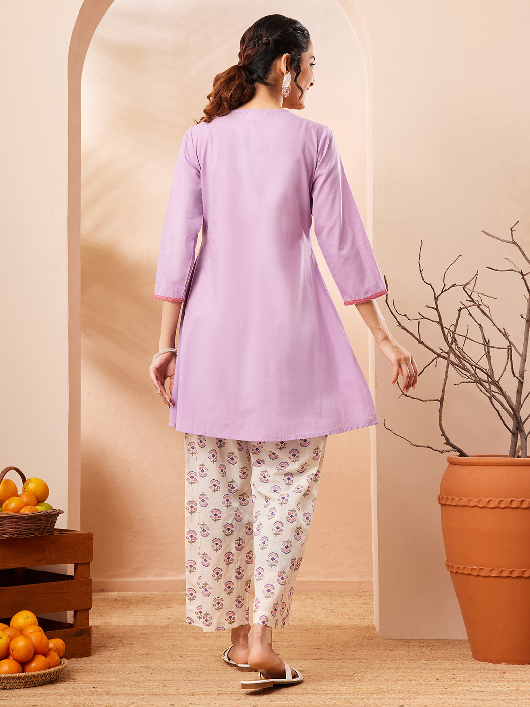 Janasya Women's Lavender Pure Cotton Yoke Embroidered A-line Co-ord Set