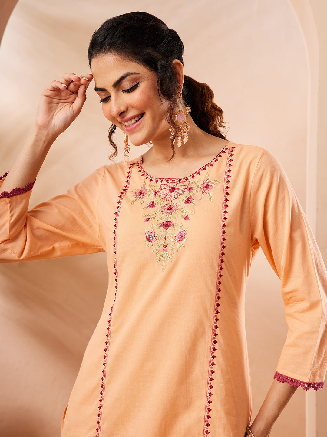 Janasya Women's Peach Pure Cotton Yoke Embroidered Straight Co-ord Set
