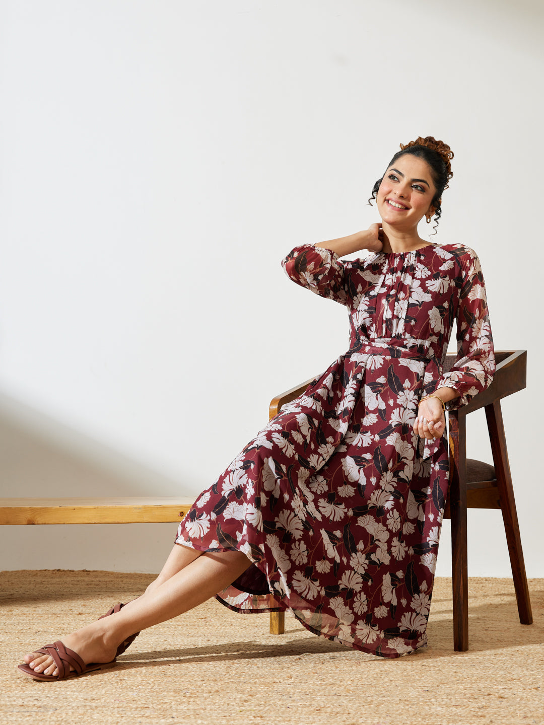 Janasya Women's Brown Chiffon Floral Printed A-line Gathered Dress