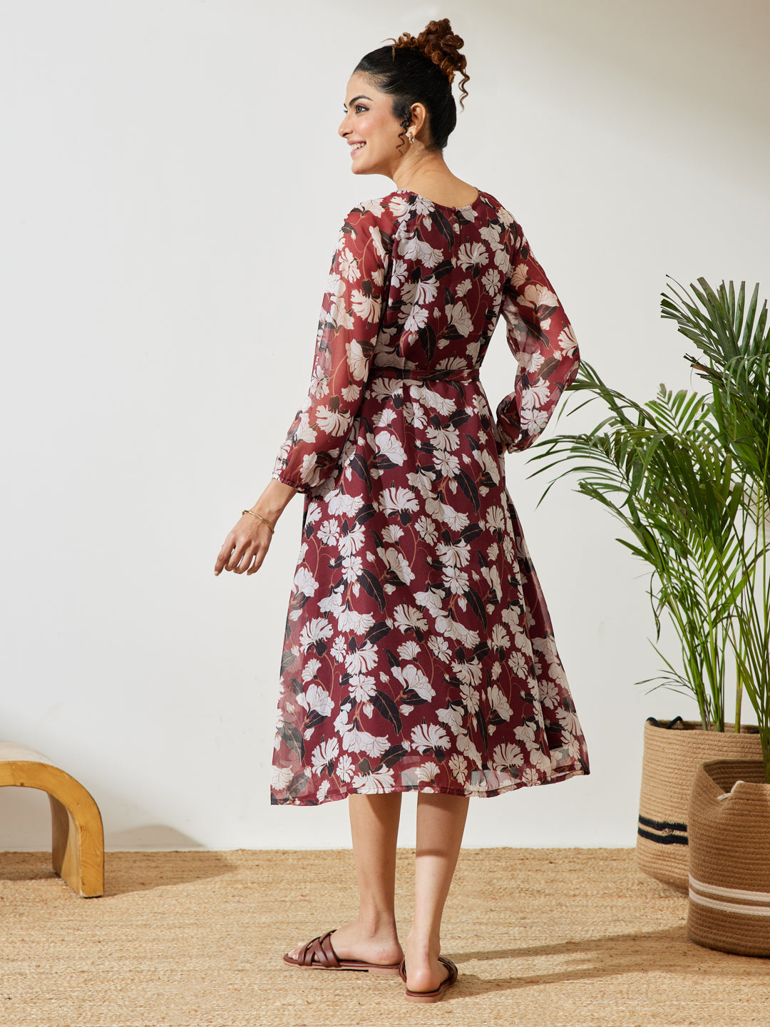 Janasya Women's Brown Chiffon Floral Printed A-line Gathered Dress