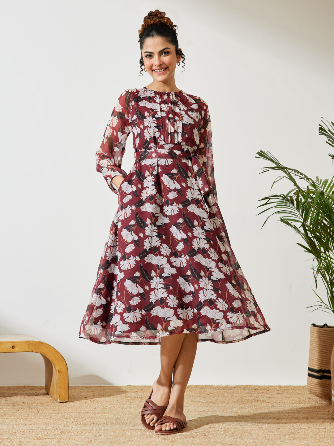 Janasya Women's Brown Chiffon Floral Printed A-line Gathered Dress